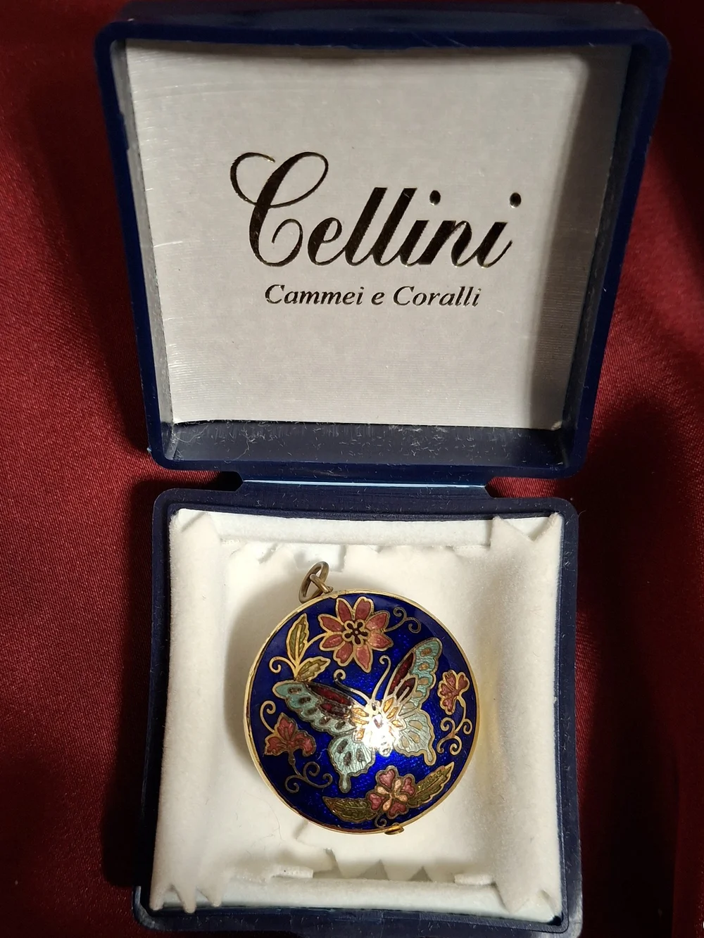 Cellini Cammei e Corralli Blue Enamel Cloisenne Butterfly Pendant Necklace